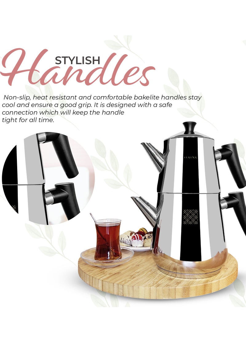 Serenk - Stainless Steel Turkish Teapot Set, 1L Teapot & 2L Lower Pot, Double-Stacked Design, Induction Compatible, Mirror Polished Finish, Serenk Definition Series - Image 1