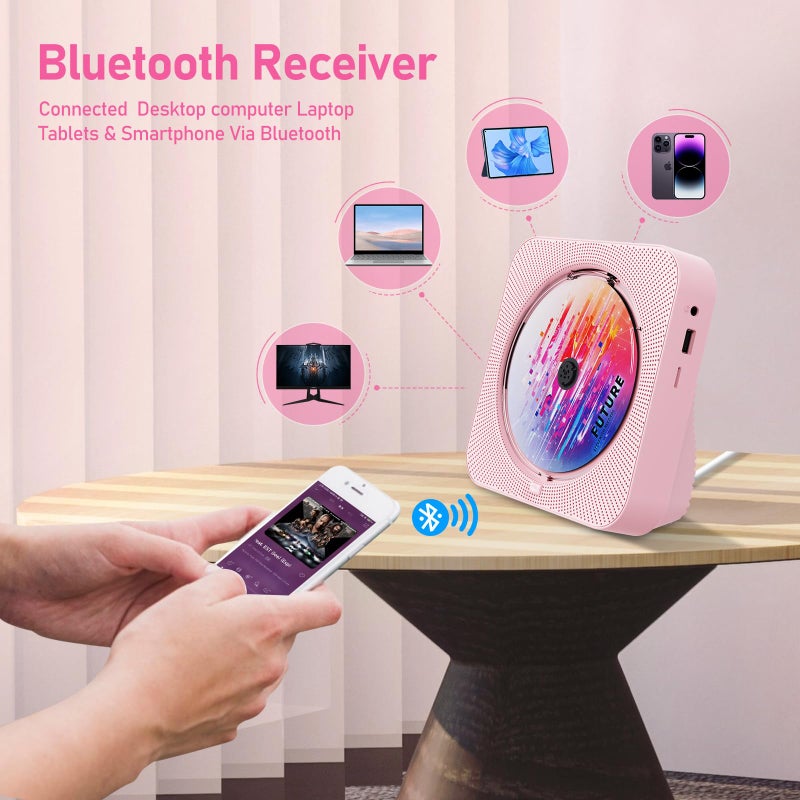 ZYOKATA CD Player Portable Bluetooth 5.1 Desktop CD Player with HiFi Sound Speakers,Remote Control,Dust Cover,LED Display,Boombox FM Radio,USB/AUX for Home,Kids (Pink) - Image 3