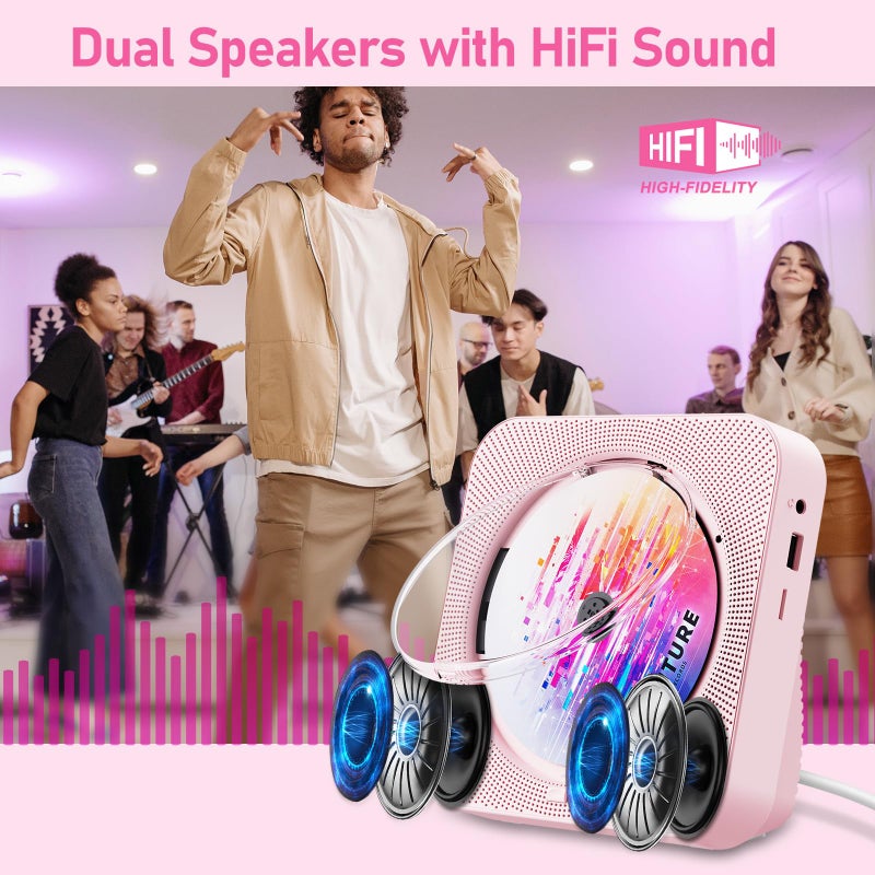 ZYOKATA CD Player Portable Bluetooth 5.1 Desktop CD Player with HiFi Sound Speakers,Remote Control,Dust Cover,LED Display,Boombox FM Radio,USB/AUX for Home,Kids (Pink) - Image 2