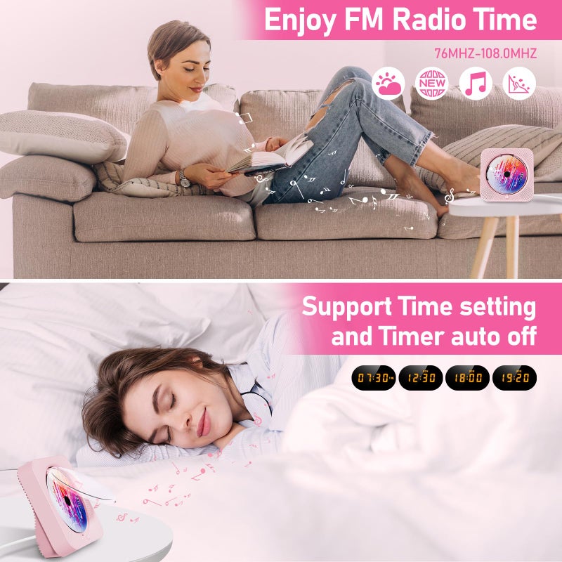 ZYOKATA CD Player Portable Bluetooth 5.1 Desktop CD Player with HiFi Sound Speakers,Remote Control,Dust Cover,LED Display,Boombox FM Radio,USB/AUX for Home,Kids (Pink) - Image 5