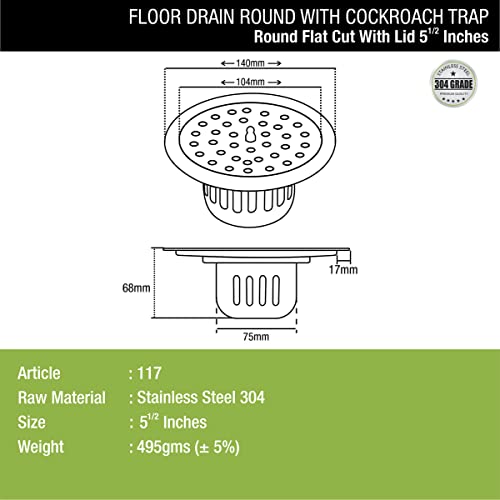 LIPKA Round Flat Cut with Lid Floor Drain |304-Grade Stainless Steel |5.5 Inches| with Cockroach Trap/Jali | - Image 2