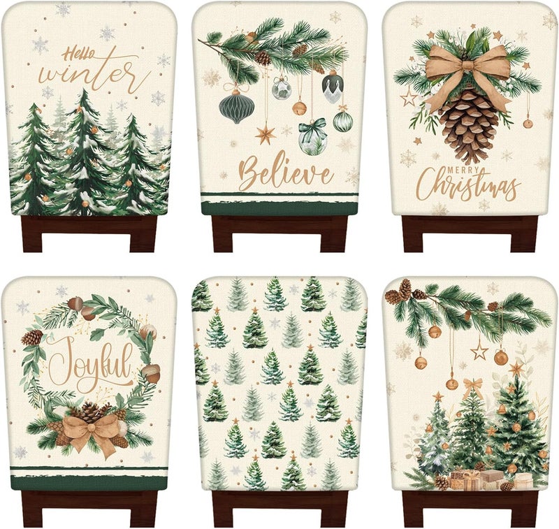 FuWeave 6 Pcs Christmas Chair Covers Winter Wonderland Chair Back Covers Vintage Xmas Seat Slipcovers Washable Winter Dining Room Seat Protector for Home Hotel Kitchen Decorations - Image 1
