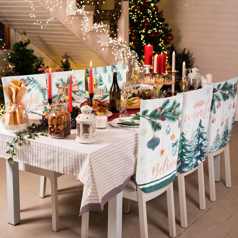 FuWeave 6 Pcs Christmas Chair Covers Winter Wonderland Chair Back Covers Vintage Xmas Seat Slipcovers Washable Winter Dining Room Seat Protector for Home Hotel Kitchen Decorations - Image 2