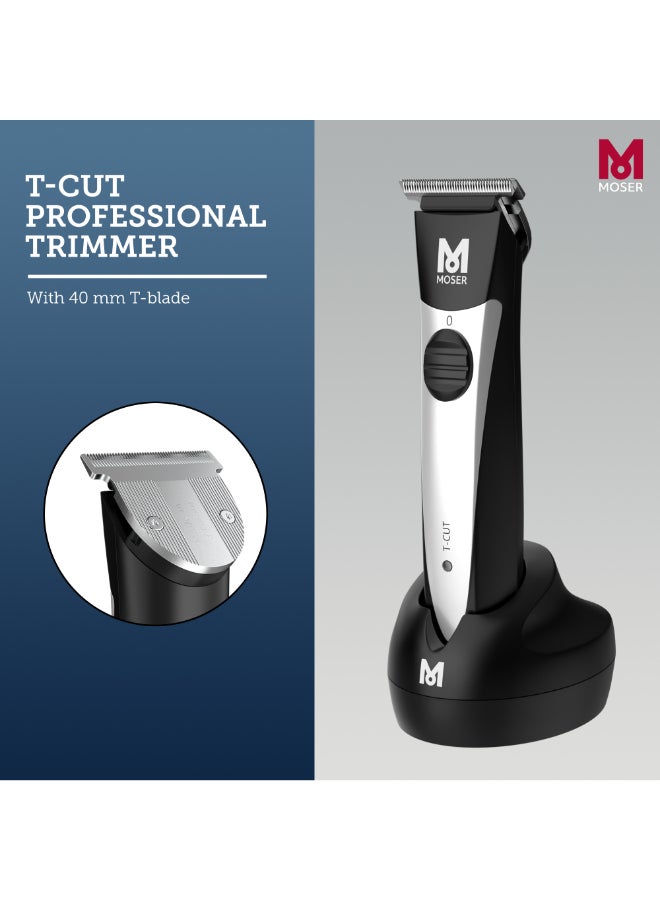 MOSER T-Cut Professional Cordless Trimmer For Men With 40Mm T-Blade (Made In Germany) | 60-Minutes Runtime | High-Grade Steel Blades | Lightweight And Quiet Operation (1591-0170) Black/Silver - Image 2