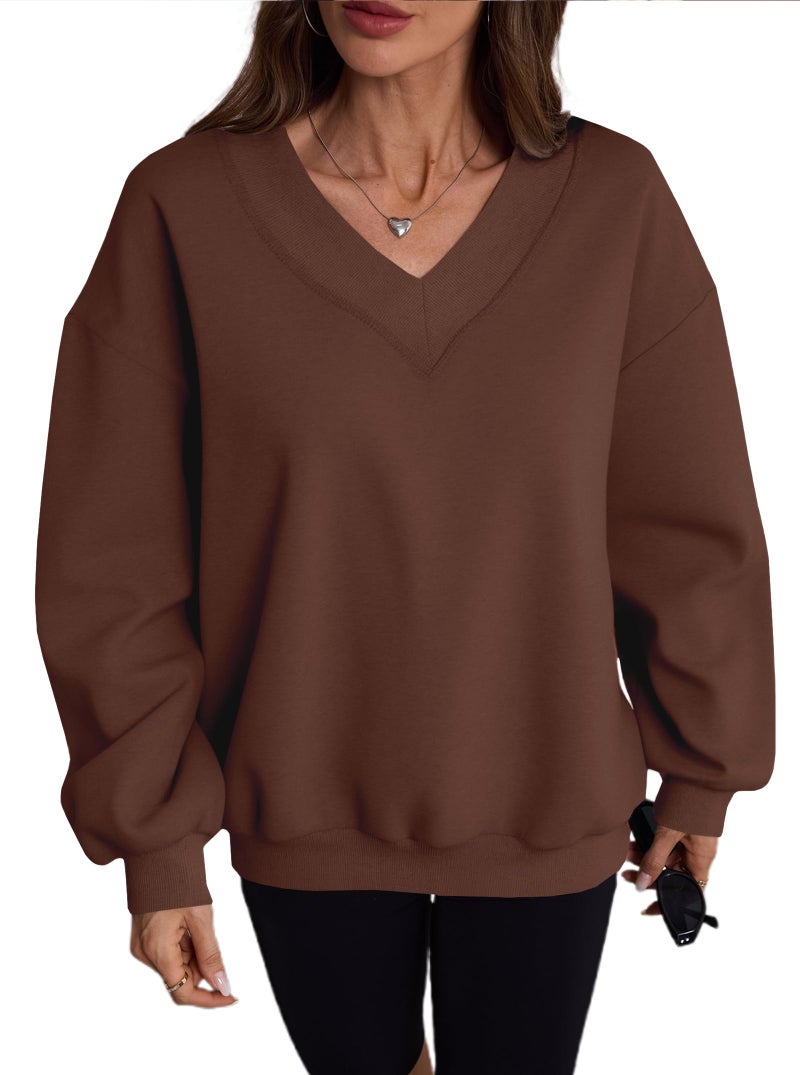 Hilinker Womens V Neck Oversized Sweatshirts Pullover Cute Drop Shoulder Long Sleeve Tops Brown X-Large - Image 3