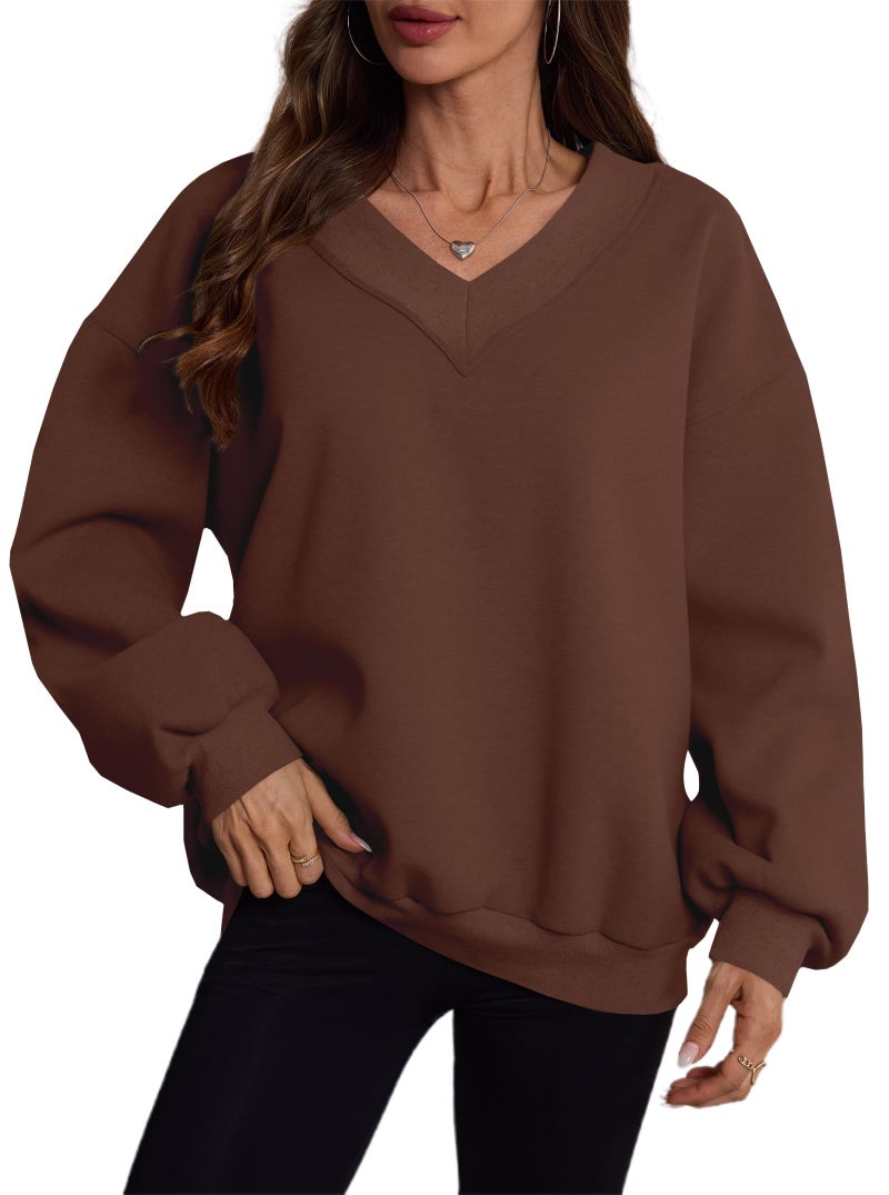 Hilinker Womens V Neck Oversized Sweatshirts Pullover Cute Drop Shoulder Long Sleeve Tops Brown X-Large - Image 5