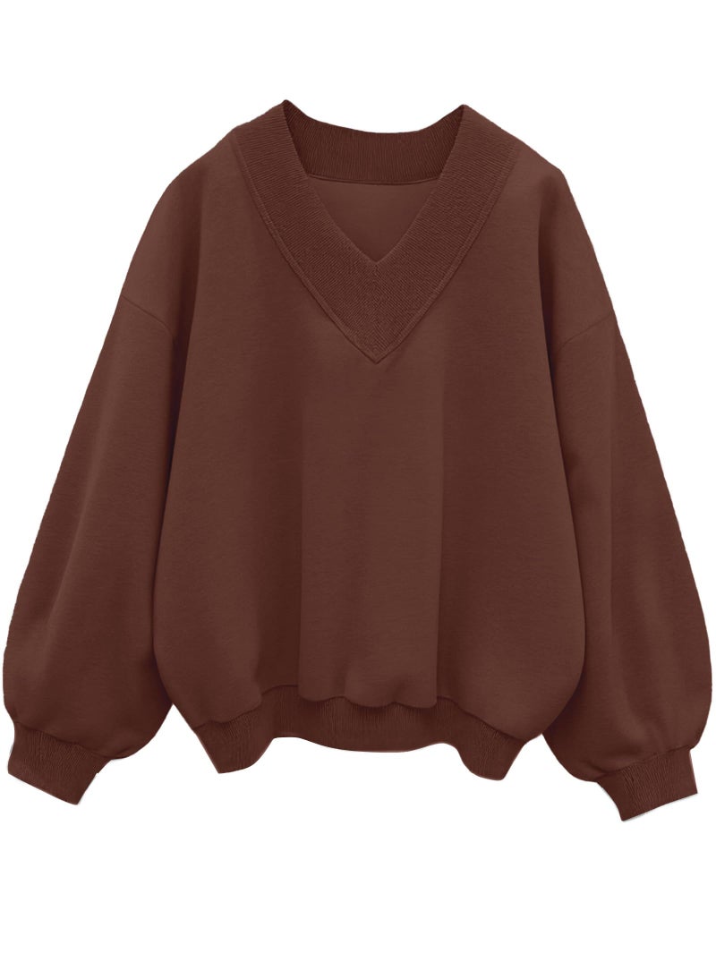 Hilinker Womens V Neck Oversized Sweatshirts Pullover Cute Drop Shoulder Long Sleeve Tops Brown X-Large - Image 1