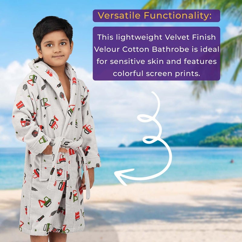 Rangoli Tractor-Theme 100% Cotton Kids Bathrobe, 400 GSM - Ultra-Soft Hooded Bathrobe for Boys and Girls, Grey, 11 to 12 Years - Image 5