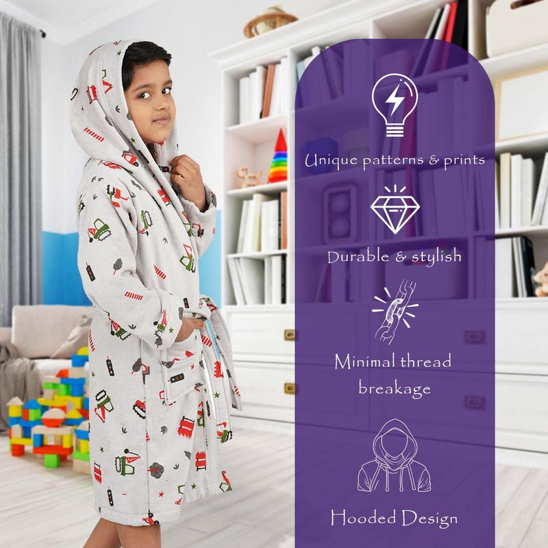 Rangoli Tractor-Theme 100% Cotton Kids Bathrobe, 400 GSM - Ultra-Soft Hooded Bathrobe for Boys and Girls, Grey, 11 to 12 Years - Image 3