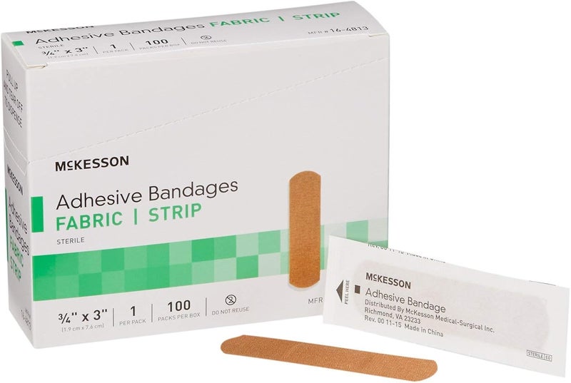 McKesson Adhesive Bandages Sterile Fabric Strip 34 in x 3 in 100 Count 24 Packs 2400 Total - Image 1