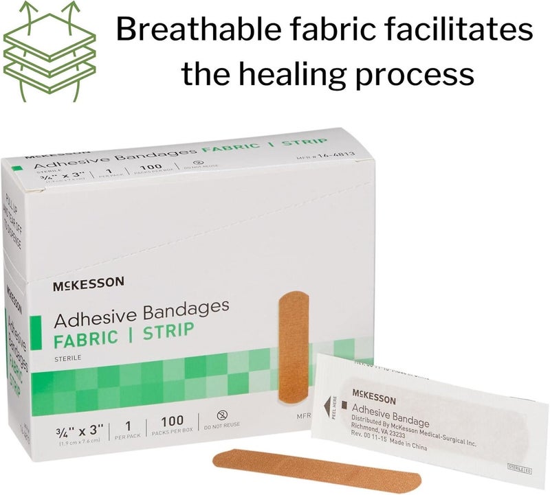McKesson Adhesive Bandages Sterile Fabric Strip 34 in x 3 in 100 Count 24 Packs 2400 Total - Image 3