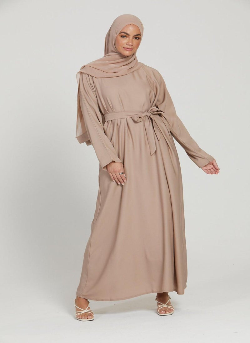 NUKHBAA Elegant Brown plain abaya wityh belt and Hijab-AB68  - Image 1