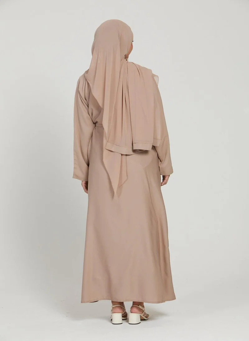 NUKHBAA Elegant Brown plain abaya wityh belt and Hijab-AB68
