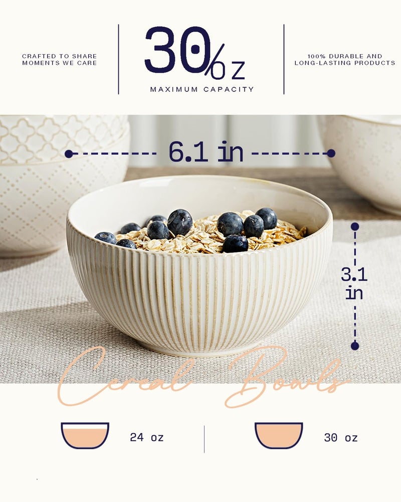 getstar Ceramic Soup Bowls, Cereal Bowl Set of 4 with Assorted Embossment (6.1 inch & 30 oz), Farmhouse Vintage Color Bowls for Kitchen - Image 3