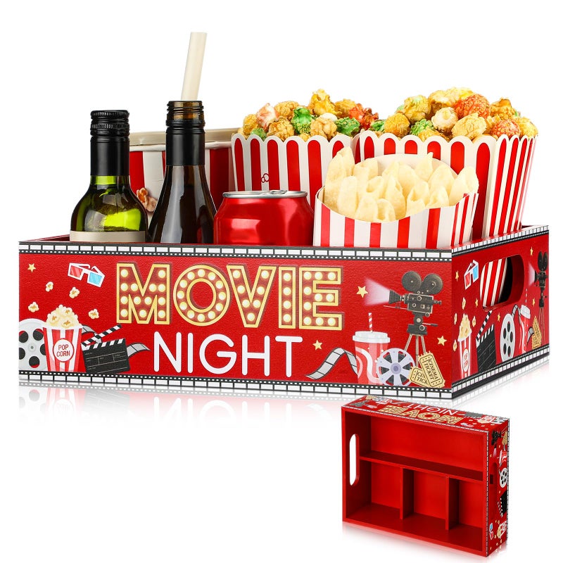 GlikCeil Movie Night Supplies Snack Trays with Handles Reusable Wooden Movie Gift Basket for Theater Popcorn Bucket Bowl Box Container Family Room DecorRedCute - Image 2