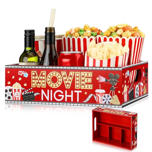 GlikCeil Movie Night Supplies Snack Trays with Handles Reusable Wooden Movie Gift Basket for Theater Popcorn Bucket Bowl Box Container Family Room DecorRedCute - Image 1