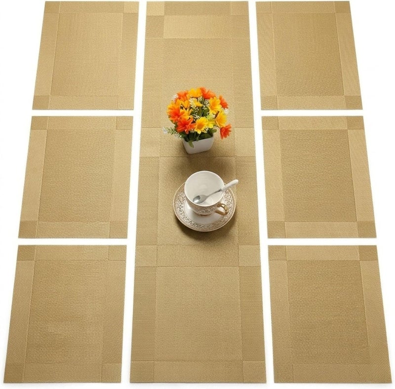 Baskety Colorful Place Mats Dining Tablemates Washable Heat Resistant. (Gold Set of 6+1 Runner) - Image 1