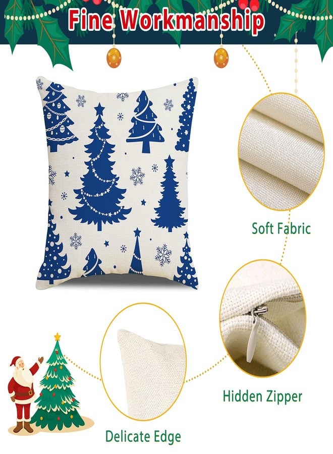 مجموعة أغطية وسائد ARPOVIST Merry Christmas Snowflake Xmas Tree Let It Snow، 4 قطع، 18 × 18 بوصة، أغطية وسائد مربعة من الكتان لعيد الميلاد، مناسبة للأريكة والكنبة والمنزل والسيارة (أبيض وأزرق). - Image 4