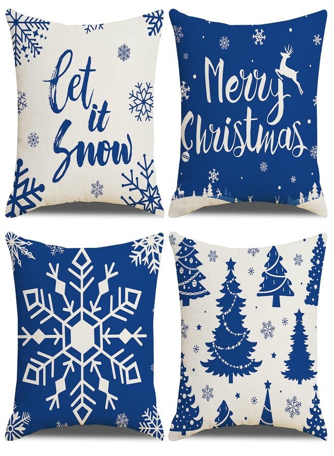 مجموعة أغطية وسائد ARPOVIST Merry Christmas Snowflake Xmas Tree Let It Snow، 4 قطع، 18 × 18 بوصة، أغطية وسائد مربعة من الكتان لعيد الميلاد، مناسبة للأريكة والكنبة والمنزل والسيارة (أبيض وأزرق). - Image 1