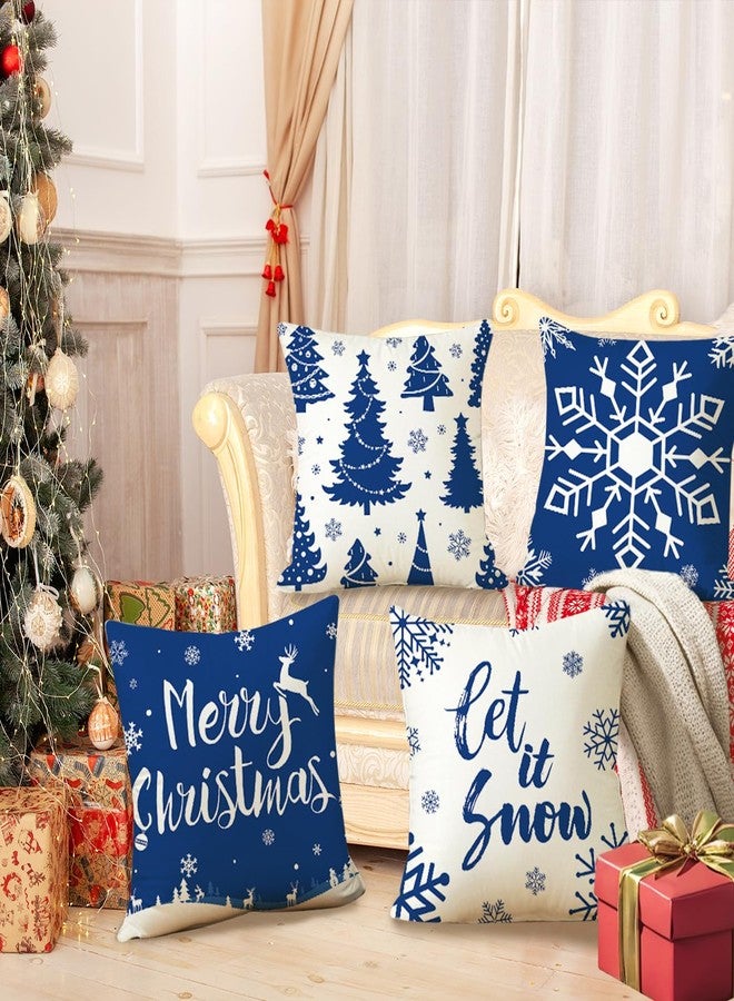 مجموعة أغطية وسائد ARPOVIST Merry Christmas Snowflake Xmas Tree Let It Snow، 4 قطع، 18 × 18 بوصة، أغطية وسائد مربعة من الكتان لعيد الميلاد، مناسبة للأريكة والكنبة والمنزل والسيارة (أبيض وأزرق). - Image 2