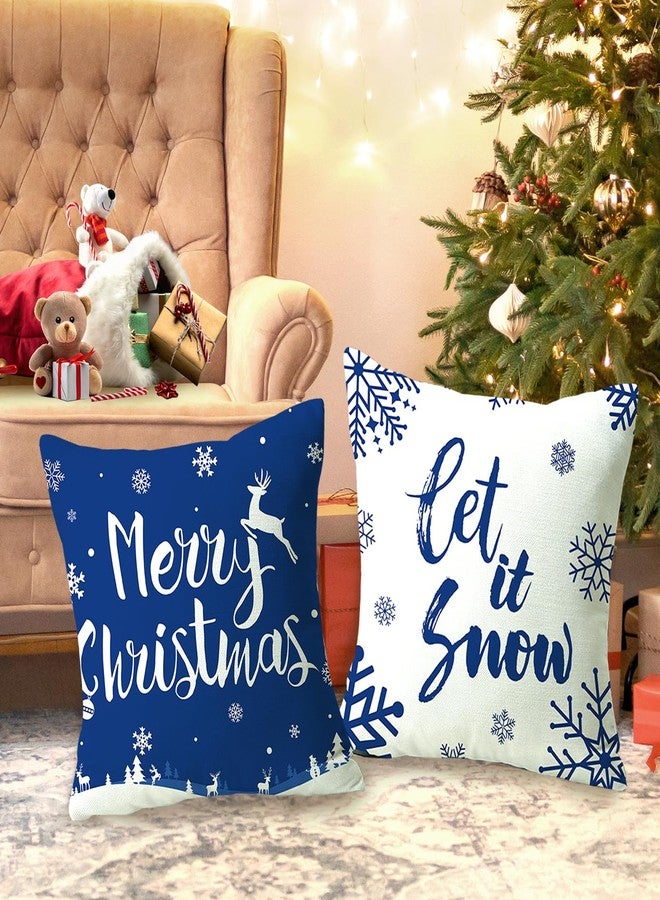 مجموعة أغطية وسائد ARPOVIST Merry Christmas Snowflake Xmas Tree Let It Snow، 4 قطع، 18 × 18 بوصة، أغطية وسائد مربعة من الكتان لعيد الميلاد، مناسبة للأريكة والكنبة والمنزل والسيارة (أبيض وأزرق). - Image 5