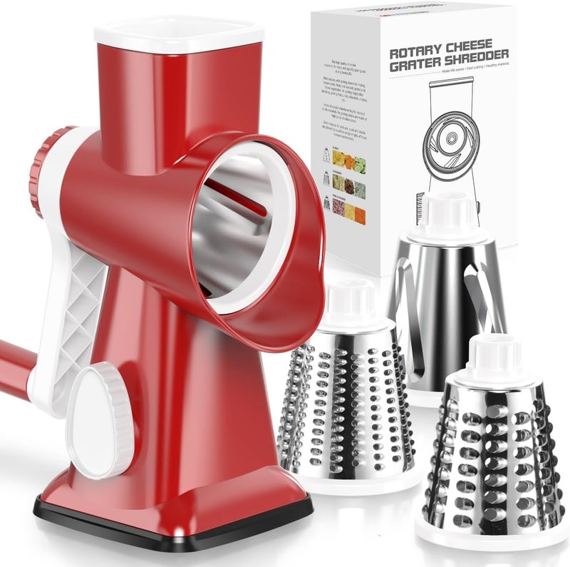Badelite Cheese Grater Hand Crank Rotating Cheese Shredder Stainless Steel Vegetable Slicer Grater for Kitchen 3 Blades for Cheese, Carrot, Cucumber, Nuts, Chocolate, Red - Image 1