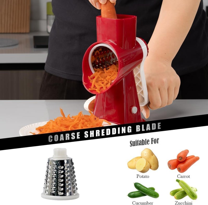 Badelite Cheese Grater Hand Crank Rotating Cheese Shredder Stainless Steel Vegetable Slicer Grater for Kitchen 3 Blades for Cheese, Carrot, Cucumber, Nuts, Chocolate, Red - Image 3