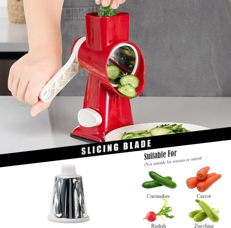 Badelite Cheese Grater Hand Crank Rotating Cheese Shredder Stainless Steel Vegetable Slicer Grater for Kitchen 3 Blades for Cheese, Carrot, Cucumber, Nuts, Chocolate, Red - Image 2