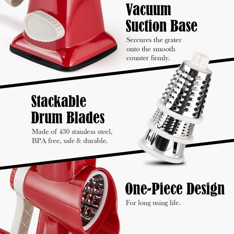Badelite Cheese Grater Hand Crank Rotating Cheese Shredder Stainless Steel Vegetable Slicer Grater for Kitchen 3 Blades for Cheese, Carrot, Cucumber, Nuts, Chocolate, Red - Image 5