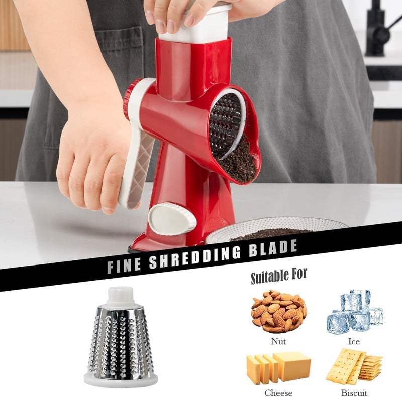 Badelite Cheese Grater Hand Crank Rotating Cheese Shredder Stainless Steel Vegetable Slicer Grater for Kitchen 3 Blades for Cheese, Carrot, Cucumber, Nuts, Chocolate, Red - Image 4