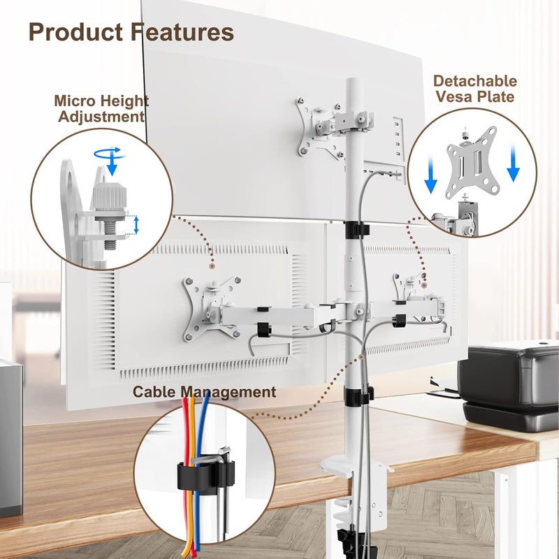 PUTORSEN Triple Monitor Arm, 30.5 inch Tall pole Triple Monitor Stand for Max 3 x 32" Screens, Support Max 9 KG Per Screen, Clamp/Grommet, VESA 75x75/100x100, White - Image 4