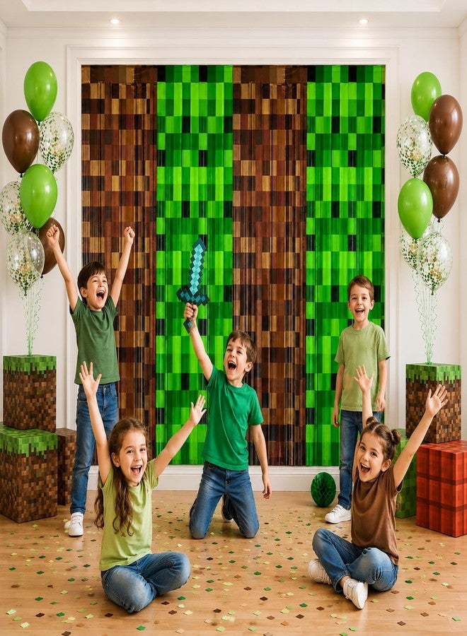 Bexlora 6 Pcs Pixel Miner Theme Foil Fringe Curtains Birthday Backdrop, Video Game Door Streamers for Boys Gaming Birthday Party Decorations Supplies - Image 2
