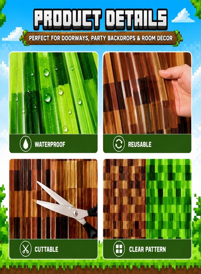 Bexlora 6 Pcs Pixel Miner Theme Foil Fringe Curtains Birthday Backdrop, Video Game Door Streamers for Boys Gaming Birthday Party Decorations Supplies - Image 5