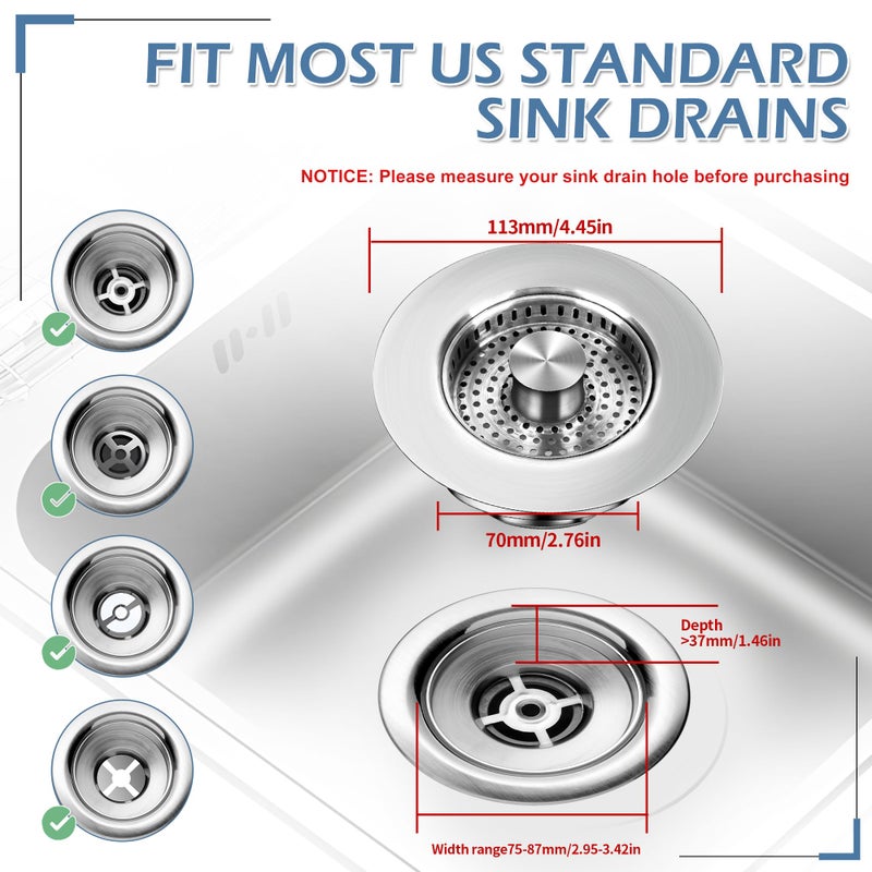 Buowinixi 3 in 1 Kitchen Sink Drain Strainer ï¼Œ304 Stainless Steel Kitchen Sink Stopper and Basket,Long-Term Water Storageï¼ŒBass Bounce Coreï¼ŒGeneralï¼ŒFilter for Standard 3-1/2 inch Drain - Image 2