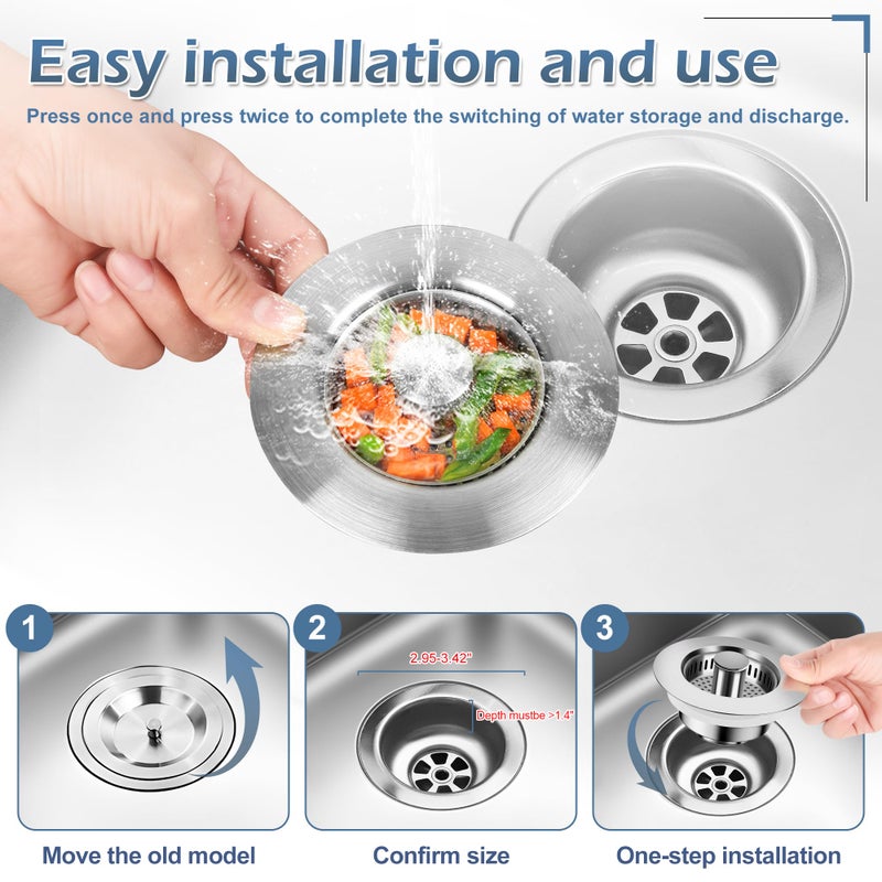 Buowinixi 3 in 1 Kitchen Sink Drain Strainer ï¼Œ304 Stainless Steel Kitchen Sink Stopper and Basket,Long-Term Water Storageï¼ŒBass Bounce Coreï¼ŒGeneralï¼ŒFilter for Standard 3-1/2 inch Drain - Image 5