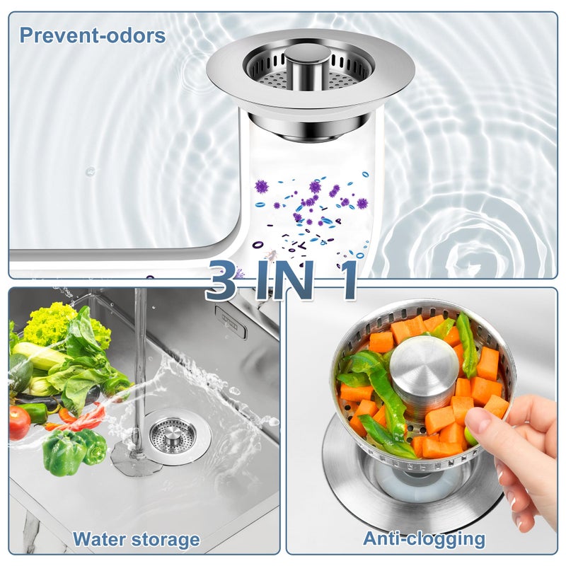 Buowinixi 3 in 1 Kitchen Sink Drain Strainer ï¼Œ304 Stainless Steel Kitchen Sink Stopper and Basket,Long-Term Water Storageï¼ŒBass Bounce Coreï¼ŒGeneralï¼ŒFilter for Standard 3-1/2 inch Drain - Image 3