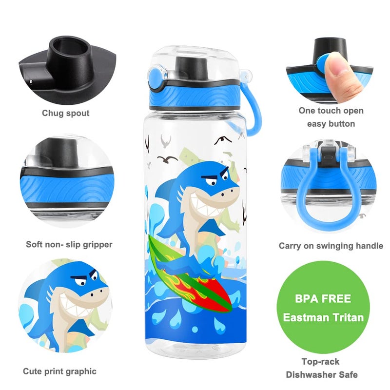 Home Tune Cute Water Bottle for School Kids Girls  BPA FREE Tritan & Leak Proof & Easy Clean & Carry Handle  23oz/ 680ml - Shark - Image 2