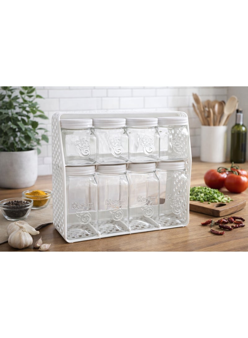 طقم برطمانات توابل وبهارات شفافة بأغطية مع حامل منظم للمطبخ من مستويين - 8 قطع - ألوان متعددة - Image 3