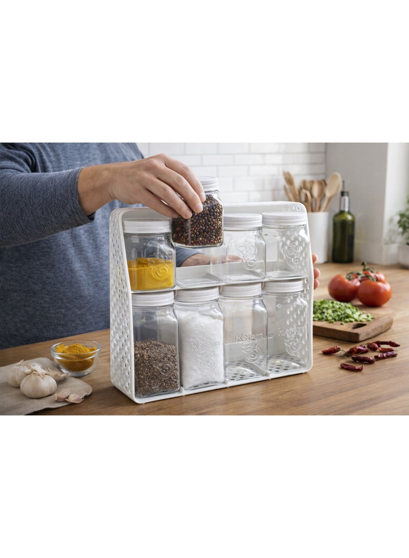 طقم برطمانات توابل وبهارات شفافة بأغطية مع حامل منظم للمطبخ من مستويين - 8 قطع - ألوان متعددة - Image 2