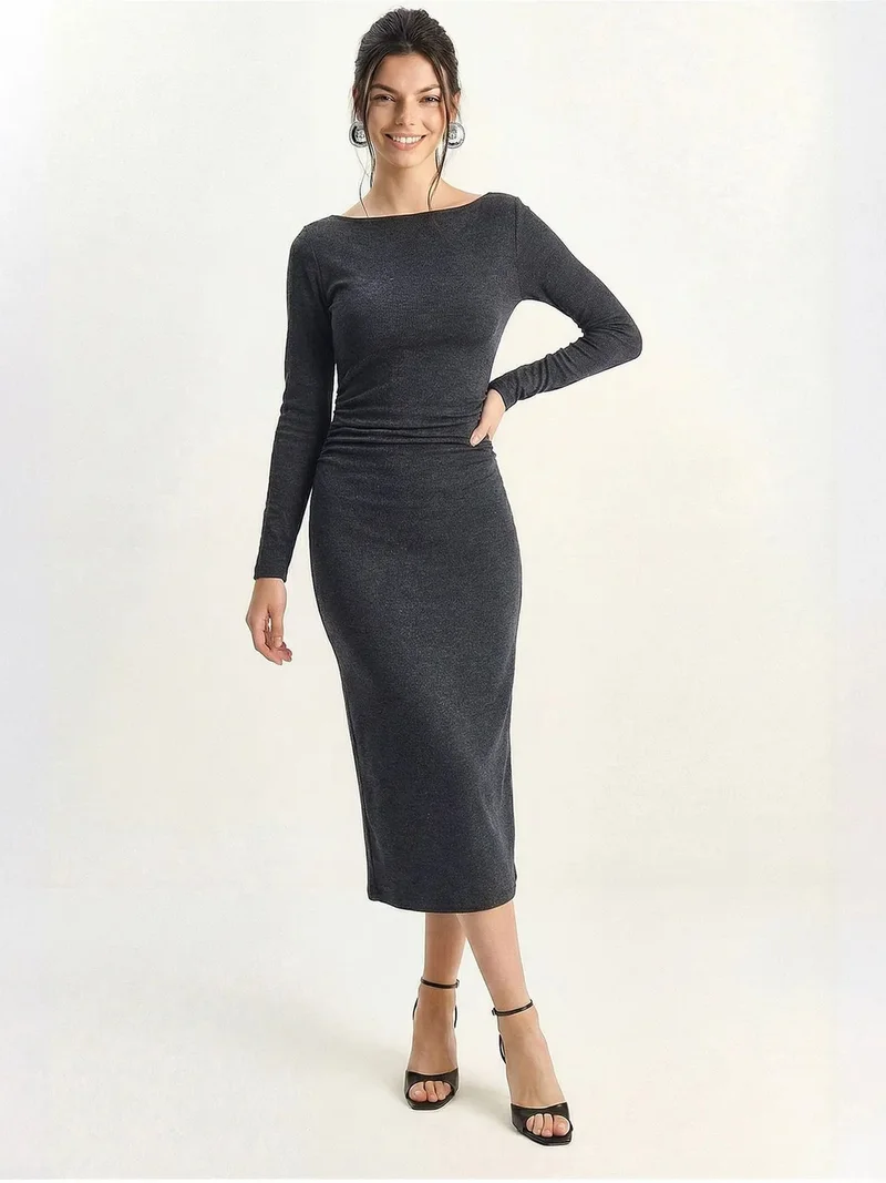 LUCCI Boat Neck Bodycon Midi Dress with Drape Detail