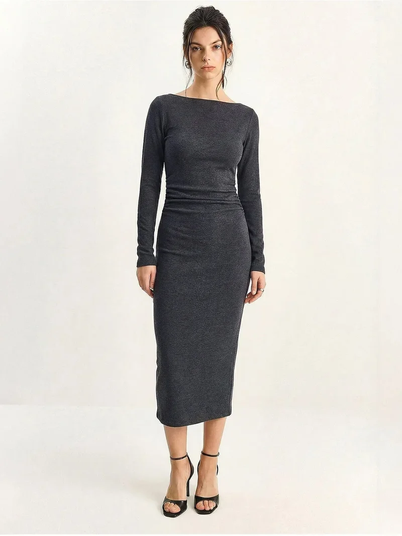 بيانكو لوتشي LUCCI Boat Neck Bodycon Midi Dress with Drape Detail