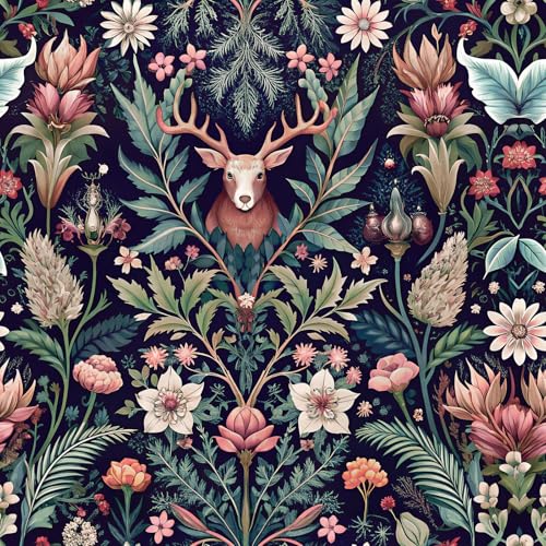 Yun-aeon Yunaeon Deer and Nature Peel and Stick Wallpaper 173 x 30036sq ft Removable Forest Contact Paper Plants Wall Paper Vinyl Self Adhesive Floral Art Deco for Bedroom Living Room - Image 1