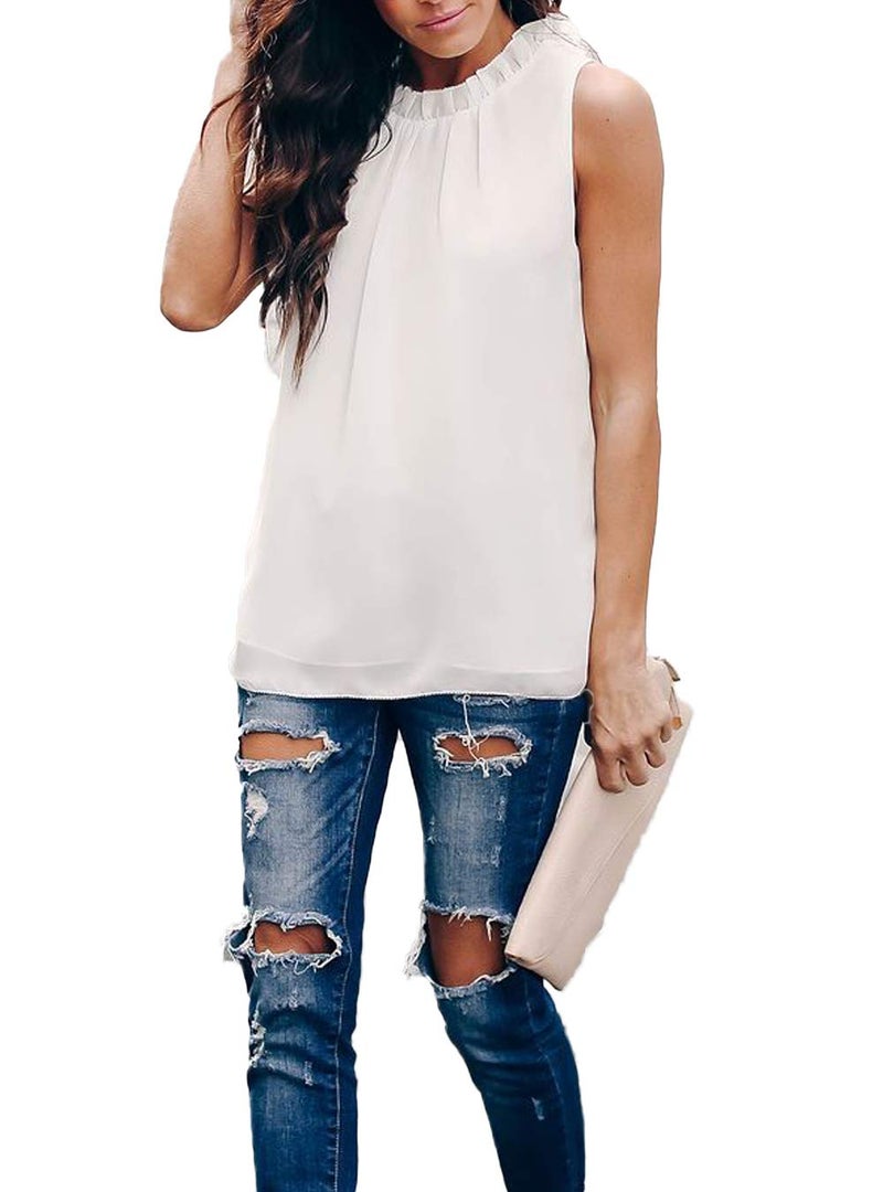 Allimy Women Summer Casual Ruffle Trim Cute Chiffon Sleeveless Tank Tops and Blouses White Small - Image 3