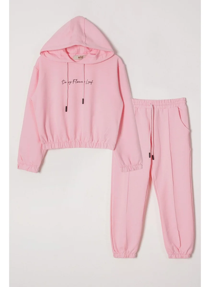 زيبكيدز Hooded Long Sleeve Daisy Flowrs Leaf Printed Light Pink Color Girl's Two Piece Set