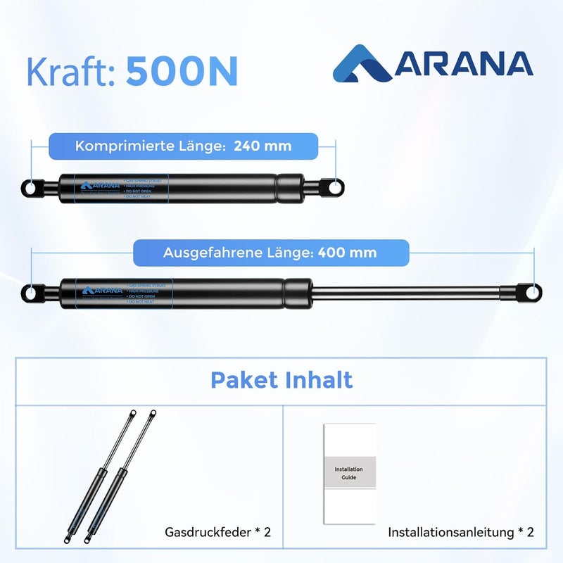 ARANA دعامات غاز 400 مم بقوة 500 نيوتن، زنبرك غاز بديل 51 كجم، حامل هيدروليكي لزنبرك الغاز لباب الخزانة، غطاء صندوق الأدوات والألعاب، باب الكارافان، تطبيقات DIY، عبوة من 2 - Image 2