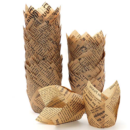 STARUBY 150pcs Tulip Cupcake Liners Baking Cups Muffin Liner Grease-Proof Paper Cupcake Wrappers for Wedding, Birthday Party, Standard Size (Natural Newspaper Printed) - Image 1