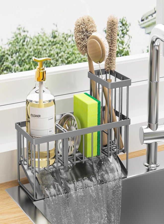 Cisily Sink Caddy Organzier with High Brush Holder, Sponge Holder for Sink, 304 Rustproof Stainless, Kitchen Countertop Soap Dispenser Organizer, Gray Kitchen Decor and Accessories - Image 1