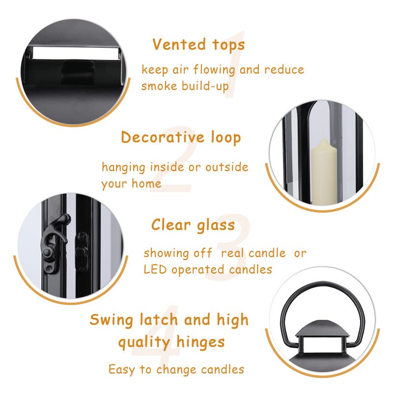 Bdor 2 Pack Large Luxury Lantern Decorative Tall 20 Inches Black Metal Hurricane Lanterns with Tempered Glass Panels for Front Porch,Tabletop, Mantle, Wall Hanging, or Garden, Indoor & Outdoor DÃ©cor - Image 4