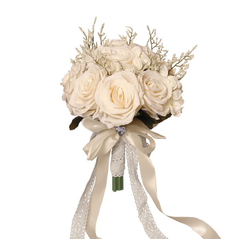 LEIFENY Wedding Bouquets for Bride Champagne White Bridal Bridesmaid Wedding Flowers Artificial Toss Rose for Civil Ceremony Hollow Lace Ribbon Handle