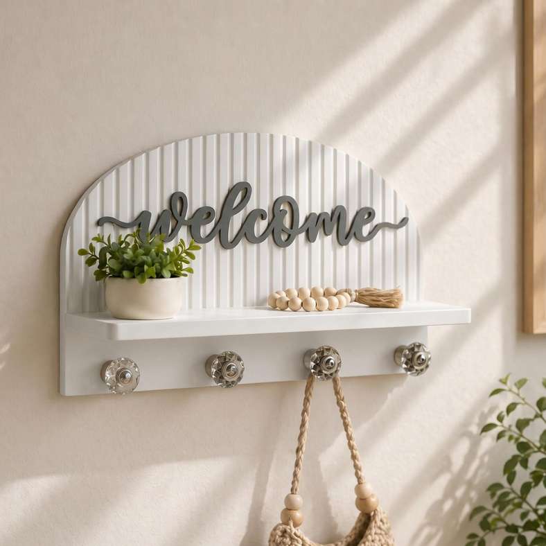 Pan Home Welcome MDF Wall Shelf with Hooks 30x8x17.3cm - White - 196AIC9905088 - Image 1